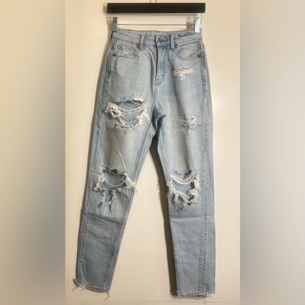American Eagle Mom Light Blue Distressed Jeans
